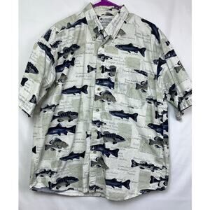 Columbia Mens Large Khaki Short Sleeve Button Down Fish Print Fishing Shirt